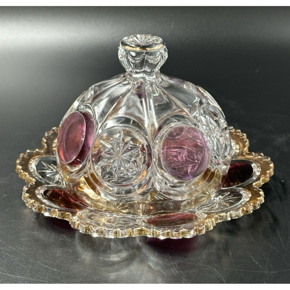 US Glass Cromwell Knobby Bulls Eye Moon Stars Ruby Gold Trim Domed Butter Dish